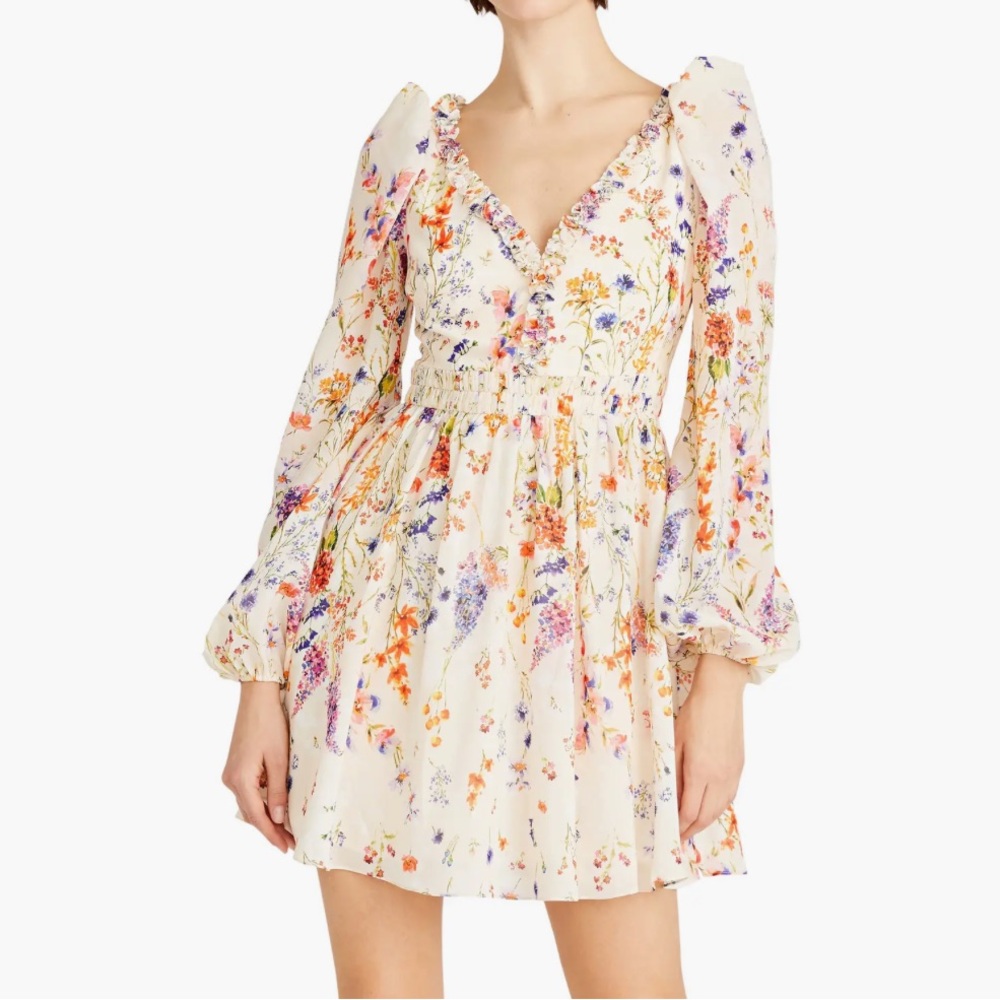Ivory Floral V-Neck Long Sleeve Mini Dress